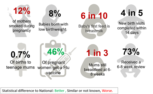 Infographic showing a range of maternal and early childhood health indicators using large percentage figures alongside simple grey icons. Statistics shown include: 12% of mothers smoked during pregnancy; 8% of babies were born with low birthweight; 6 in 10 babies had breastmilk as their first feed; and 4 in 5 new birth visits were completed within 14 days. Additional figures include 0.7% of births being to teenage mothers, 46% of pregnant women receiving a flu vaccine, 1 in 3 mothers still breastfeeding at 6–8 weeks, and 73% of children receiving a 6–8 week review. Red text highlights worse outcomes, green indicates better outcomes, and black indicates similar or unknown compared with national averages. Provide your feedback on BizChat