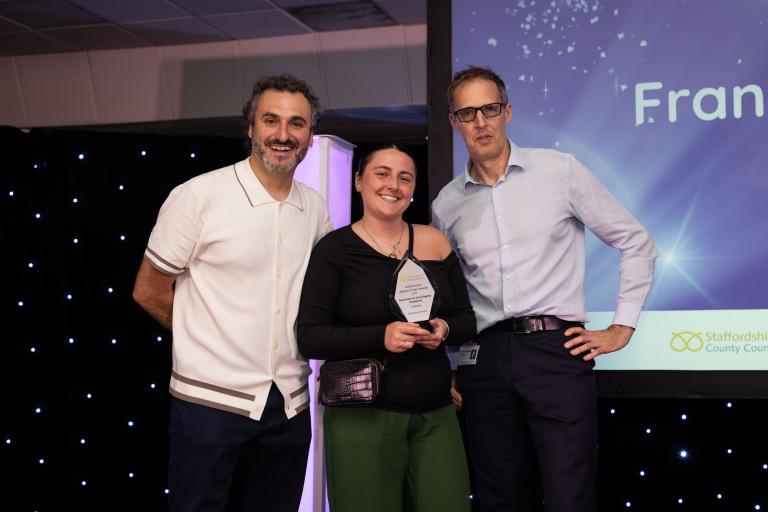 Photo of our host with Francesca Parsons, our Newcomer to Care Dignity Champion and Dr Richard Harling (SCC)