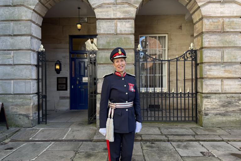 The Lord Lieutenant of Staffordshire standing in uniform in front of County Buildings in Stafford.