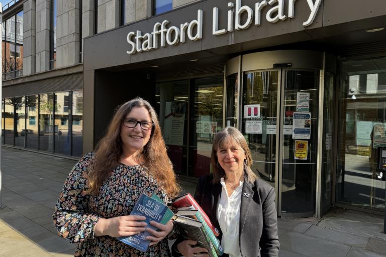 Kerry Hutchings and Catherine Mann outside Stafford Library