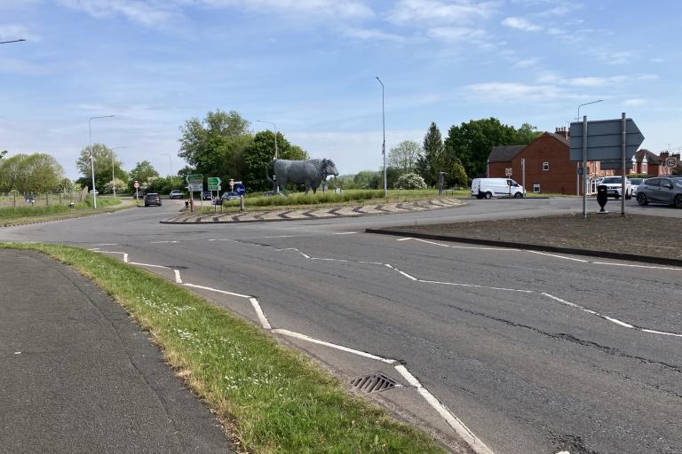 A surface worn roundabout on Town Meadows Way in Uttoxeter.