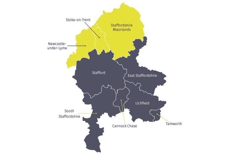 A map showing two new unitary authorities, North and South Staffordshire 