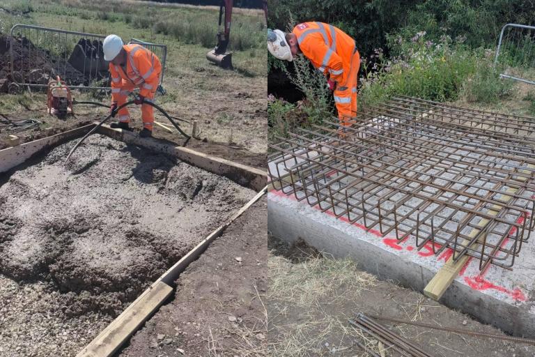 Two side-by-side pictures showing a man in orange hi-vis gear pouring concrete to install new foundations for a bridge to sit on.