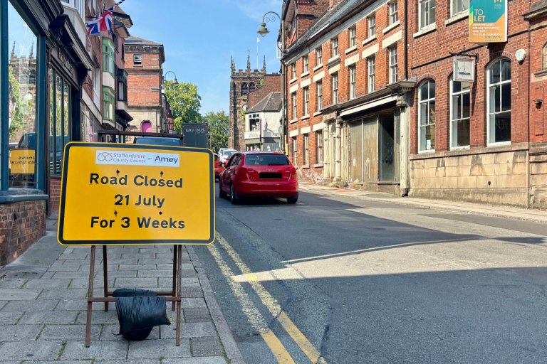 Sign showing upcoming road closure on St Edward Street in Leek