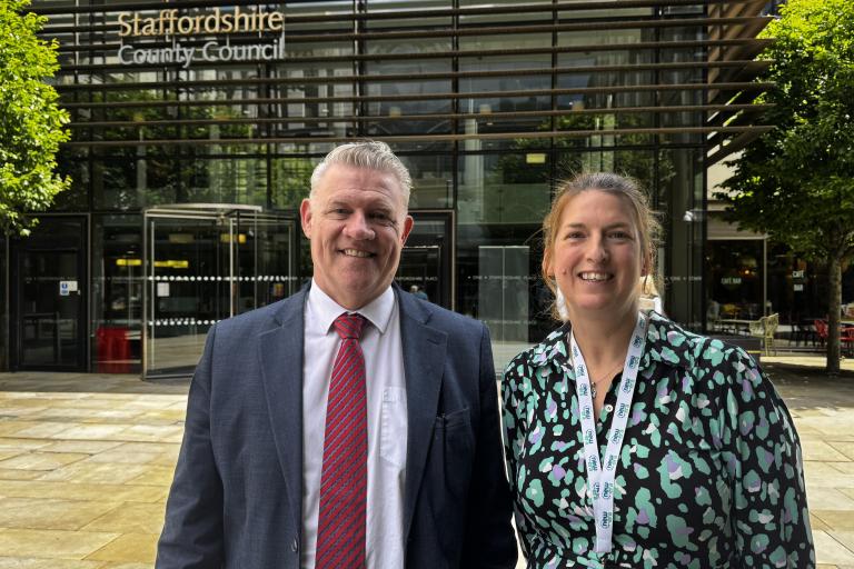Anthony Screen and New Era's Melina Hancox outside Staffordshire Place