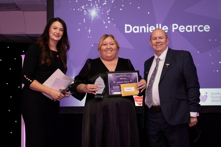 Colleague collecting End of Life care award on behalf of Danielle Pearce, host Rebecca Harper and Martin Rogerson