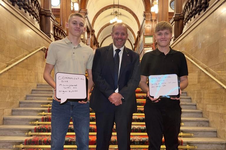 T Levels students with Robin Hall in County Buildings