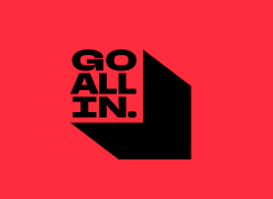 Black “GO ALL IN.” text on a red background with a bold geometric shape.