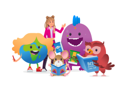a group of playful characters reading books