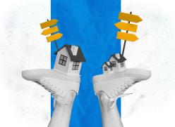 Creative retro magazine collage image of legs holding small houses navigation arrows isolated white blue background