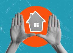 Artistic collage of hands offering a house