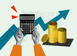 3D collage poster template trend artwork sketch of hand hold calculator count arrow up stack coins