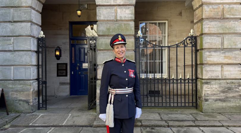 The Lord Lieutenant of Staffordshire standing in uniform in front of County Buildings in Stafford.