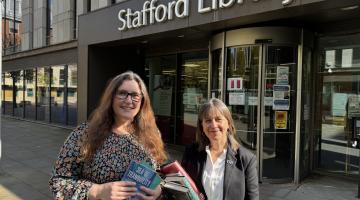 Kerry Hutchings and Catherine Mann outside Stafford Library