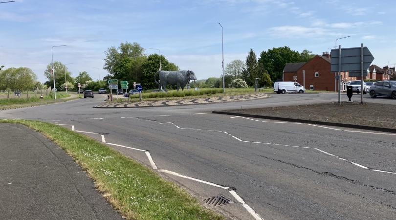 A surface worn roundabout on Town Meadows Way in Uttoxeter.