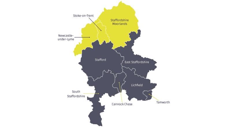 A map showing two new unitary authorities, North and South Staffordshire 