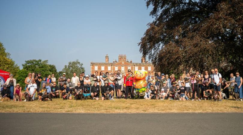 A long line of people with their dogs standing on a big grassy area with a grand looking house in the background on a sunny day.