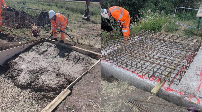 Two side-by-side pictures showing a man in orange hi-vis gear pouring concrete to install new foundations for a bridge to sit on.