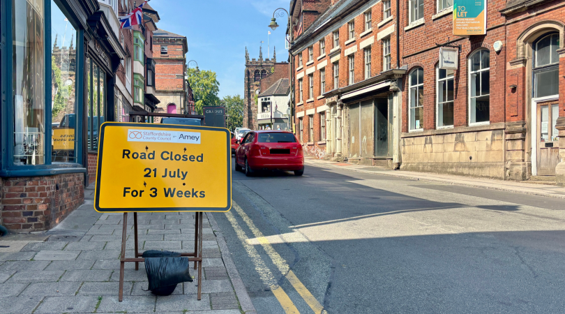 Sign showing upcoming road closure on St Edward Street in Leek