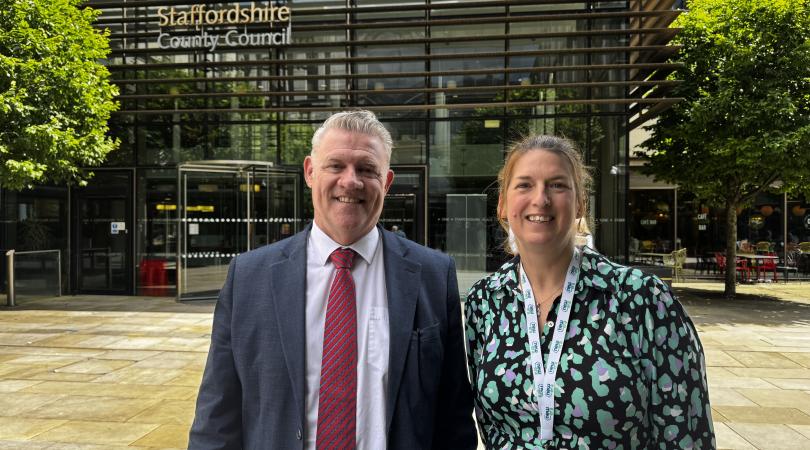 Anthony Screen and New Era's Melina Hancox outside Staffordshire Place