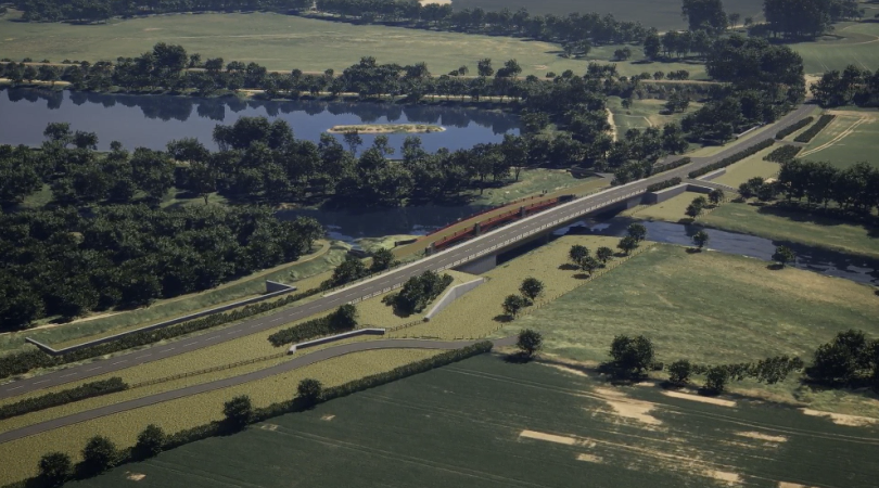 An artist's impression of a new bridge over a river. It is a sweeping shot showing how the bridge looks in context with a green landscape, road and sparkling river featured in the image.