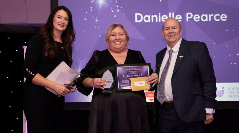 Colleague collecting End of Life care award on behalf of Danielle Pearce, host Rebecca Harper and Martin Rogerson