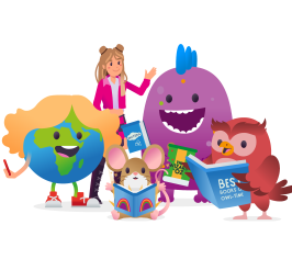 a group of playful characters reading books